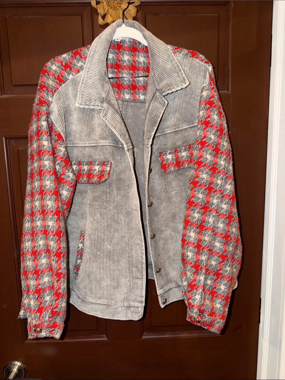 POL Corduroy Body Jean Jacket with Red & Gray Houndstooth Sleeves